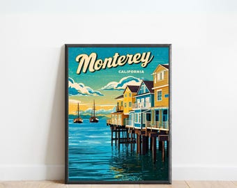 Monterey Vintage Reiseplakat - Monterey Druck, Kalifornien Wandkunst, gerahmtes Geschenk, Geschenk Kalifornien vorhanden