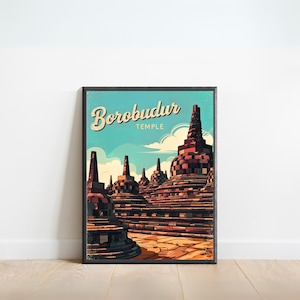 Borobudur Temple Vintage Travel Poster - Borobudur Temple print, Indonesia Vintage Wall Art, Framed present, Gift Indonesia Present