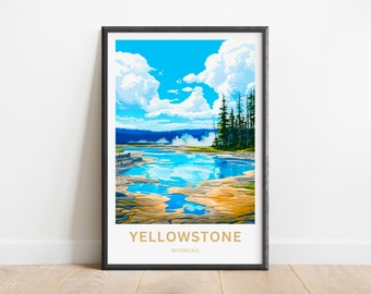 May include: Framed art print featuring a vibrant landscape of Yellowstone National Park. The artwork depicts a bright blue sky with fluffy white clouds, a turquoise lake, and a forest of tall green trees. The text "YELLOWSTONE WYOMING" is printed at the bottom.