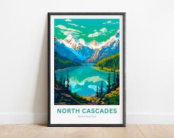 May include: A framed poster with a colorful illustration of a mountain lake surrounded by trees and snow-capped mountains. The text "NORTH CASCADES WASHINGTON" is printed at the bottom of the poster.
