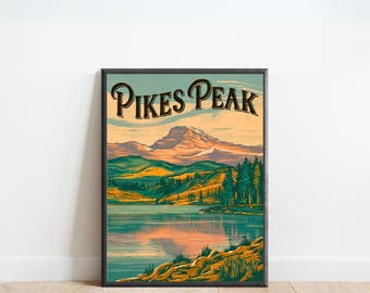 Pôster de viagem vintage de Pikes Peak - Impressão de Pikes Peak, arte de parede do Colorado, emoldurada, presente Colorado Present