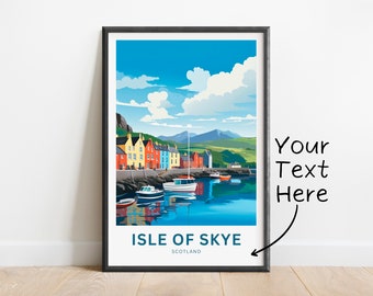 May include: A colorful illustration of a harbor town on the Isle of Skye in Scotland. The image features a row of colorful buildings along the waterfront, with boats docked in the harbor. The sky is blue with white clouds, and the mountains in the distance are green.