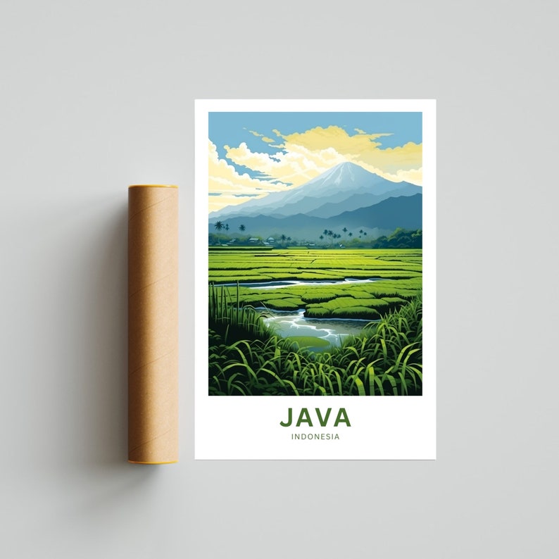 May include: A colourful illustration of a mountain range with a green field in the foreground. The text "JAVA INDONESIA" is at the bottom of the image.