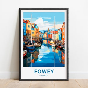 May include: A colorful illustration of a harbor in Fowey, Cornwall. The image features a row of colorful houses lining the harbor, with boats docked in the water. The text "Fowey, Cornwall" is printed at the bottom of the image.