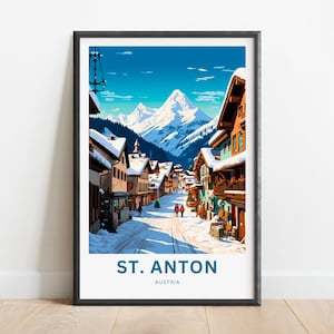 May include: A vintage travel poster featuring a snowy mountain village with the text "ST. ANTON AUSTRIA". The poster has a blue sky with white clouds and a mountain peak in the background.