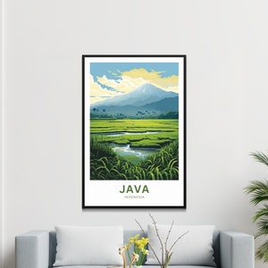 May include: A colourful illustration of a mountain range with a river flowing through a green field. The text "JAVA INDONESIA" is at the bottom of the image.
