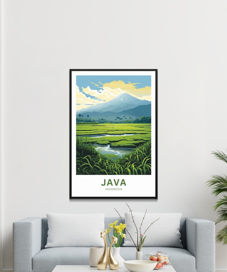 May include: A colourful illustration of a mountain range with a river flowing through a green field. The text "JAVA INDONESIA" is at the bottom of the image.