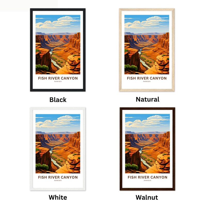 Pu&ograve; includere: Un poster in stile vintage che presenta una vista panoramica del Fish River Canyon in Namibia. Il poster presenta un fiume che serpeggia attraverso un canyon, con una gamma di colori marrone, arancione e verde.