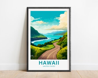 Puede incluir: Un póster de viaje de estilo vintage que presenta un camino escénico que serpentea a través de colinas verdes exuberantes y un océano azul en el fondo. El texto "HAWAII UNITED STATES" está en la parte inferior del póster.