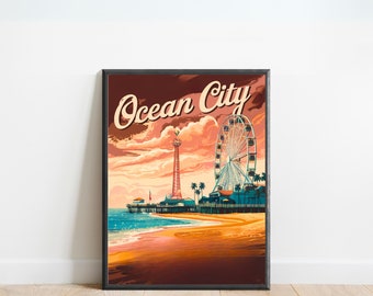 Cartel de viaje vintage de Ocean City - Impresión de Ocean City, Arte de pared vintage de Maryland, Presente enmarcado, Regalo Maryland presente