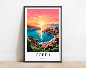 Può includere: Un tramonto colorato su una baia con un piccolo paese sulla costa. Il testo "CORFU GREECE" è in basso nell'immagine.