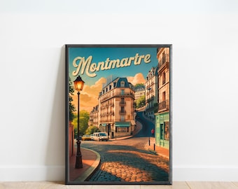 May include: A vintage-style travel poster featuring a view of a cobblestone street in Montmartre, Paris, France. The poster has a yellow and blue color scheme and features the text "Montmartre" in a retro font.