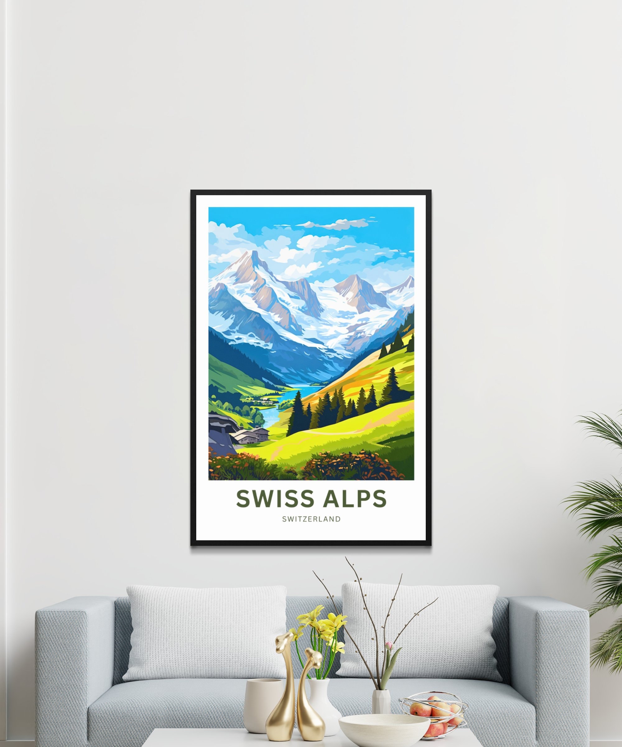 Swiss Alps Travel Poster: Switzerland Wall Art, Mountain Landscape