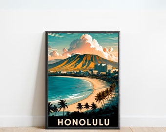 Honolulu Hawaii Vintage Travel Poster - Honolulu Hawaii Print, Hawaii Wall Art, Framed, Gift Hawaii Present