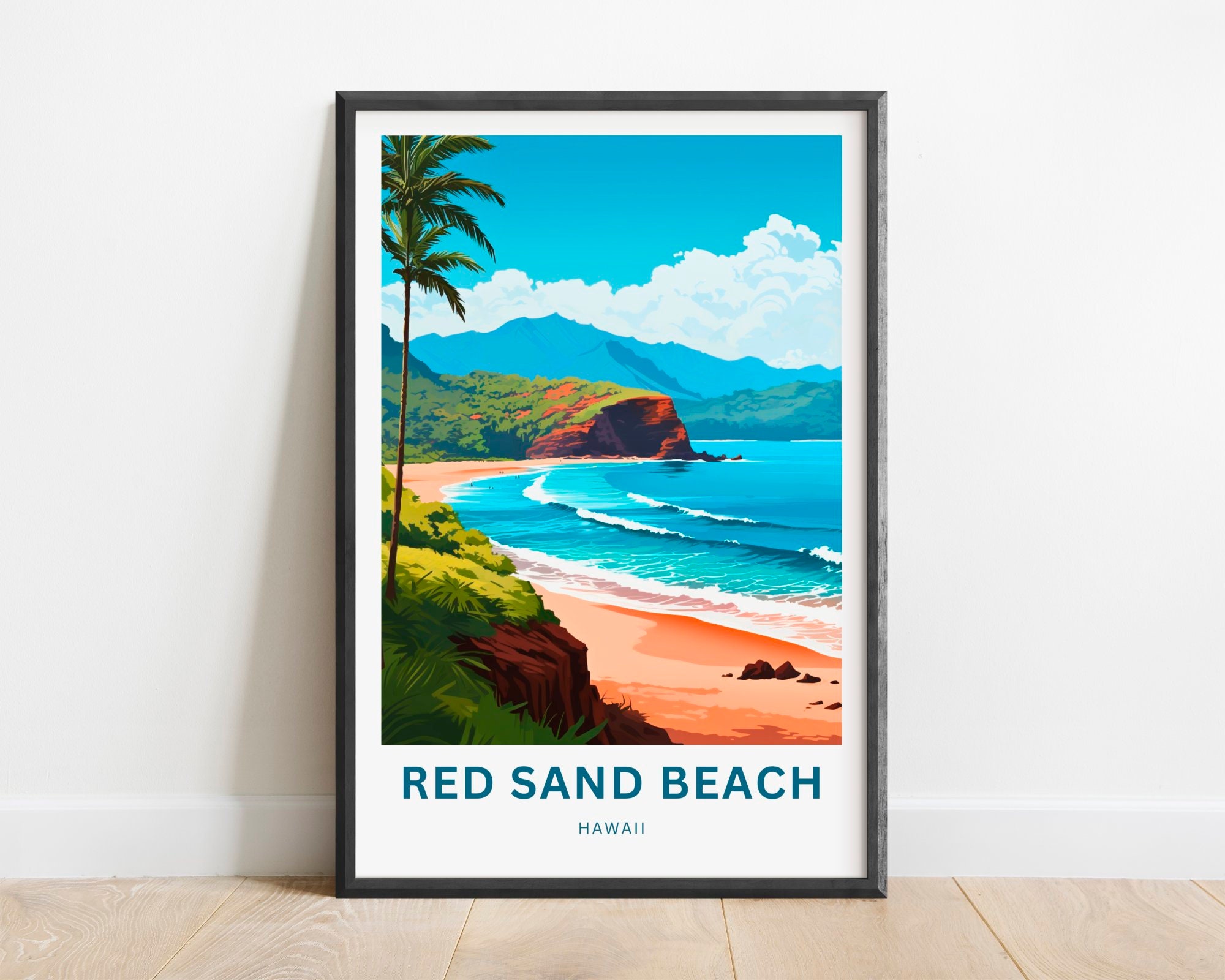 Red Sand Beach Kaihalulu Travel Print - Kaihalulu Red Sand Beach poster, Hawaii Wall Art, Framed present, Gift Maui Present