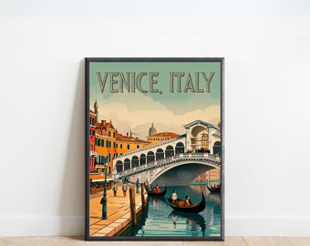 May include: A vintage travel poster featuring a colorful illustration of the Rialto Bridge in Venice, Italy. The poster has the text "Venice, Italy" at the top.