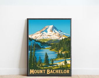 Póster de viaje vintage de Mount Bachelor: impresión de Mount Bachelor, arte de pared de Oregón, regalo enmarcado, regalo de Oregón