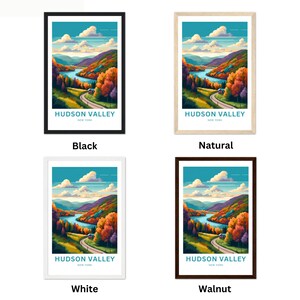 May include: A framed print of a scenic landscape with a winding road leading to a small cabin in the Hudson Valley, New York. The print features a vibrant blue sky with fluffy white clouds, a river winding through a valley with lush green trees and colorful autumn foliage.