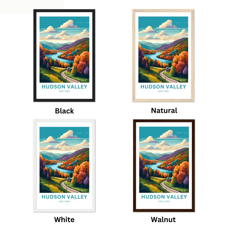May include: A framed print of a scenic landscape with a winding road leading to a small cabin in the Hudson Valley, New York. The print features a vibrant blue sky with fluffy white clouds, a river winding through a valley with lush green trees and colorful autumn foliage.