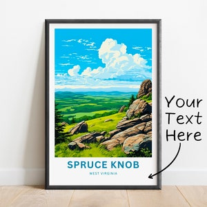 Könnte beinhalten: Ein Vintage-Poster mit einer malerischen Aussicht auf Spruce Knob, West Virginia. Das Poster zeigt einen blauen Himmel mit weißen Wolken, grüne Hügel und braune Felsen. Der Text "SPRUCE KNOB" und "WEST VIRGINIA" ist am unteren Rand des Posters gedruckt.
