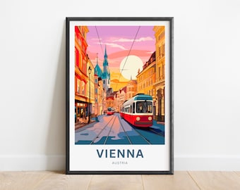 May include: A colorful illustration of a street scene in Vienna, Austria. The image features a red and white tram traveling down a street lined with buildings. The sky is a vibrant orange and pink, and the sun is shining brightly. The text "VIENNA" and "AUSTRIA" is displayed at the bottom of the image.