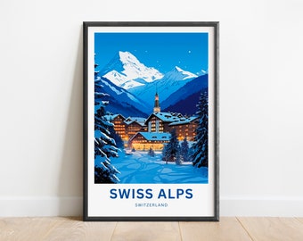 May include: A poster with a blue and white illustration of a snowy mountain village in the Swiss Alps at night. The text "SWISS ALPS" and "SWITZERLAND" is printed in blue at the bottom of the poster.