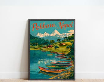 Pokhara Vintage Travel Poster - Pokhara Print, Nepal Wall Art, Framed, Gift Nepal Present