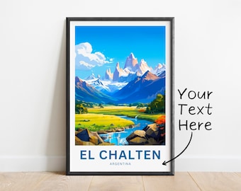 May include: A colorful illustration of a mountain range with a river flowing through a valley. The text "EL CHALTEN ARGENTINA" is at the bottom of the image.