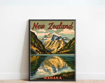 Cartel de viaje vintage de Wanaka, Wanaka, impresión de Nueva Zelanda, arte de la pared de Nueva Zelanda, regalo enmarcado, regalo de Nueva Zelanda presente