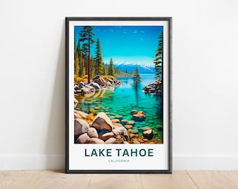 May include: A vintage travel poster featuring a scenic view of Lake Tahoe in California. The poster depicts a turquoise blue lake surrounded by lush green trees and rocky shores. The text "LAKE TAHOE" and "CALIFORNIA" is printed in white on a teal background.