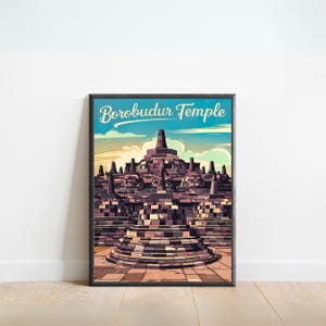 Borobudur Temple Vintage Travel Poster - Borobudur Temple print, Indonesia Vintage Wall Art, Framed present, Gift Indonesia Present