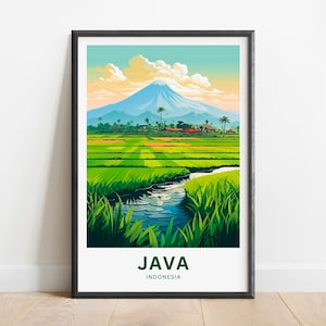 Peut inclure: Une illustration colorée d'une chaîne de montagnes avec une rivière qui coule à travers un champ vert. Le texte "JAVA INDONÉSIE" est en bas de l'image.