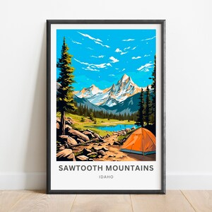 Sawtooth Mountains Travel Print - Sawtooth Mountains poster, Idaho Wall Art, Framed present, Gift United States Present