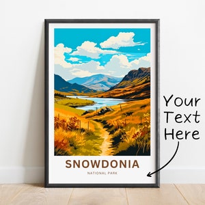 Impressão de viagem personalizada de Snowdonia - pôster de Snowdonia, arte de parede do parque nacional, presente emoldurado, presente do País de Gales