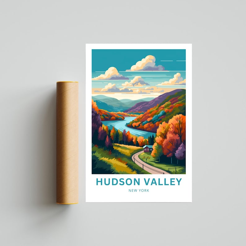 May include: A colorful illustration of a winding river in the Hudson Valley, New York. The river is surrounded by lush green trees with vibrant fall foliage. A small house is visible on the hillside. The text "HUDSON VALLEY NEW YORK" is printed below the image.
