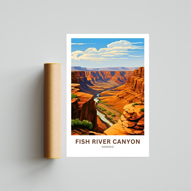 Pu&ograve; includere: Un'illustrazione colorata del Fish River Canyon in Namibia. Il canyon &egrave; una profonda e stretta gola con un fiume che serpeggia attraverso di essa. Il cielo &egrave; blu con nuvole bianche.