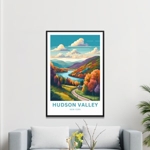 May include: A colorful illustration of a scenic view of the Hudson Valley in New York. The image features a winding road leading to a small house, surrounded by vibrant fall foliage and a blue river.