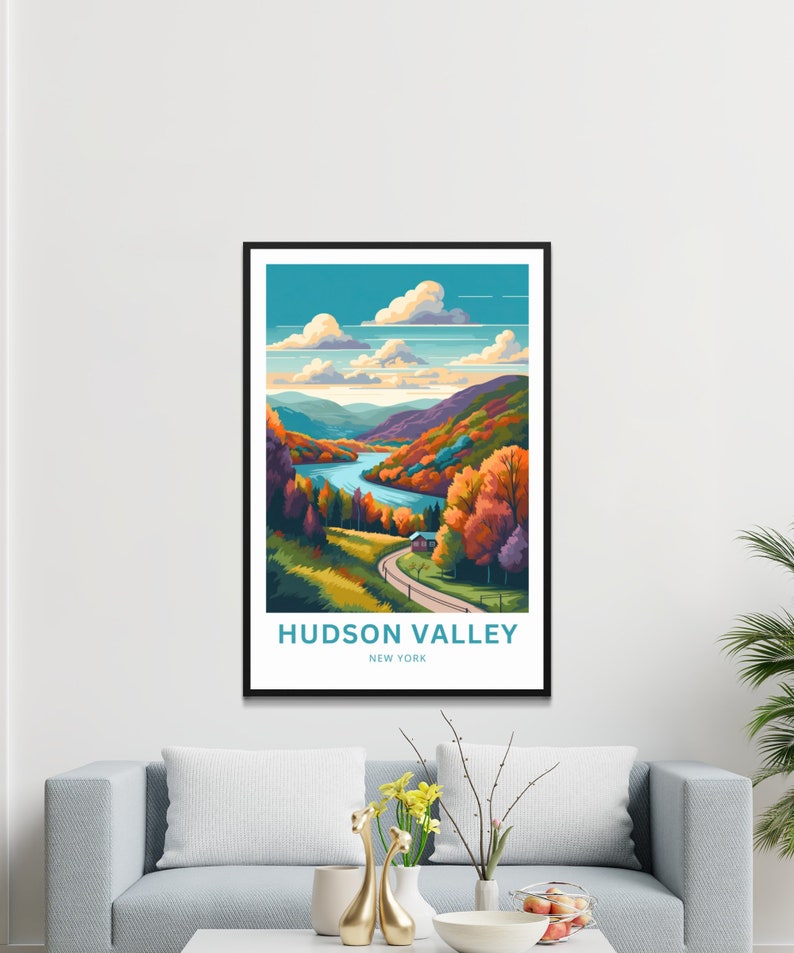 May include: A colorful illustration of a scenic view of the Hudson Valley in New York. The image features a winding road leading to a small house, surrounded by vibrant fall foliage and a blue river.