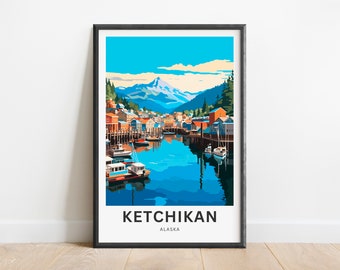 May include: A framed art print showing a vibrant illustration of Ketchikan, Alaska. The image portrays a harbour scene with boats, buildings, and mountains under a bright blue sky. The word "Ketchikan" is printed at the bottom.