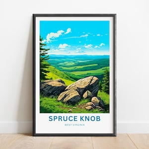 May include: A colourful illustration of Spruce Knob, West Virginia, featuring a mountaintop view with large rocks and a valley in the distance. The sky is blue with white clouds and the valley is green.