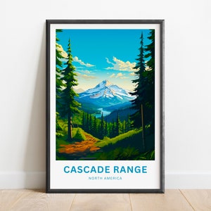 Op de afbeelding: Een ingelijste poster met een kleurrijke illustratie van een bergketen met een pad dat door een bos loopt. De tekst "CASCADE RANGE" en "NORTH AMERICA" staat onderaan de poster gedrukt.