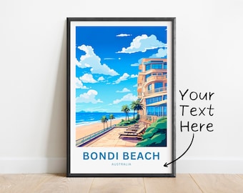 Impresión personalizada de viaje de Bondi Beach - Cartel de Bondi Beach, Arte de la pared de Australia, Presente enmarcado, Regalo Australia Presente