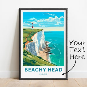 May include: A colourful illustration of Beachy Head, a white cliff in England, with a red and white lighthouse at the top. The cliff is surrounded by blue water and green grass. The text "Beachy Head" and "England" is printed below the image.