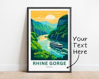 May include: A colorful illustration of a river cruise ship sailing through a green canyon with the text "RHINE GORGE GERMANY".