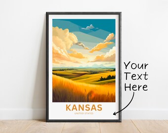 Puede incluir: Un póster de viaje de estilo vintage que presenta un paisaje escénico de colinas onduladas y un cielo azul brillante con nubes blancas esponjosas. El texto "KANSAS, UNITED STATES" está en la parte inferior del póster.