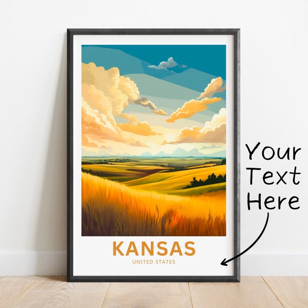 Impresión personalizada de viaje de Kansas - Cartel de Kansas, Arte de la pared de los Estados Unidos, Presente enmarcado, Regalo presente de los Estados Unidos