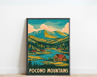 Peut inclure: Une affiche de voyage de style vintage représentant une vue panoramique des montagnes des Poconos. L'affiche représente un lac entouré d'arbres verdoyants et de collines vallonnées, avec une petite cabane au premier plan. Le ciel est d'un bleu éclatant avec des nuages blancs et moelleux. Le texte "POCONO MOUNTAINS" est imprimé en lettres jaunes et audacieuses en bas de l'affiche.