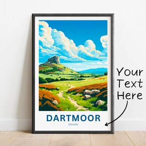 May include: A colorful illustration of a landscape with a rocky hilltop, a winding path, and a blue sky with white clouds. The text "DARTMOOR DEVON" is at the bottom of the image.