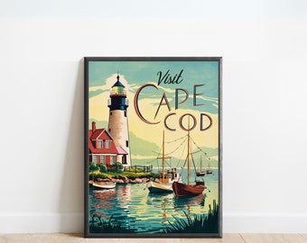 Cape Cod Vintage Travel Poster, Cape Cod print, Massachusetts Wall Art, Framed present, Gift Massachusetts Present