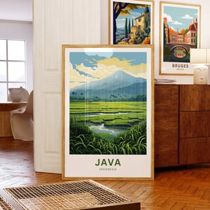 May include: A vintage travel poster design featuring a green landscape with a mountain in the background. The poster has the text "JAVA INDONESIA" at the bottom.